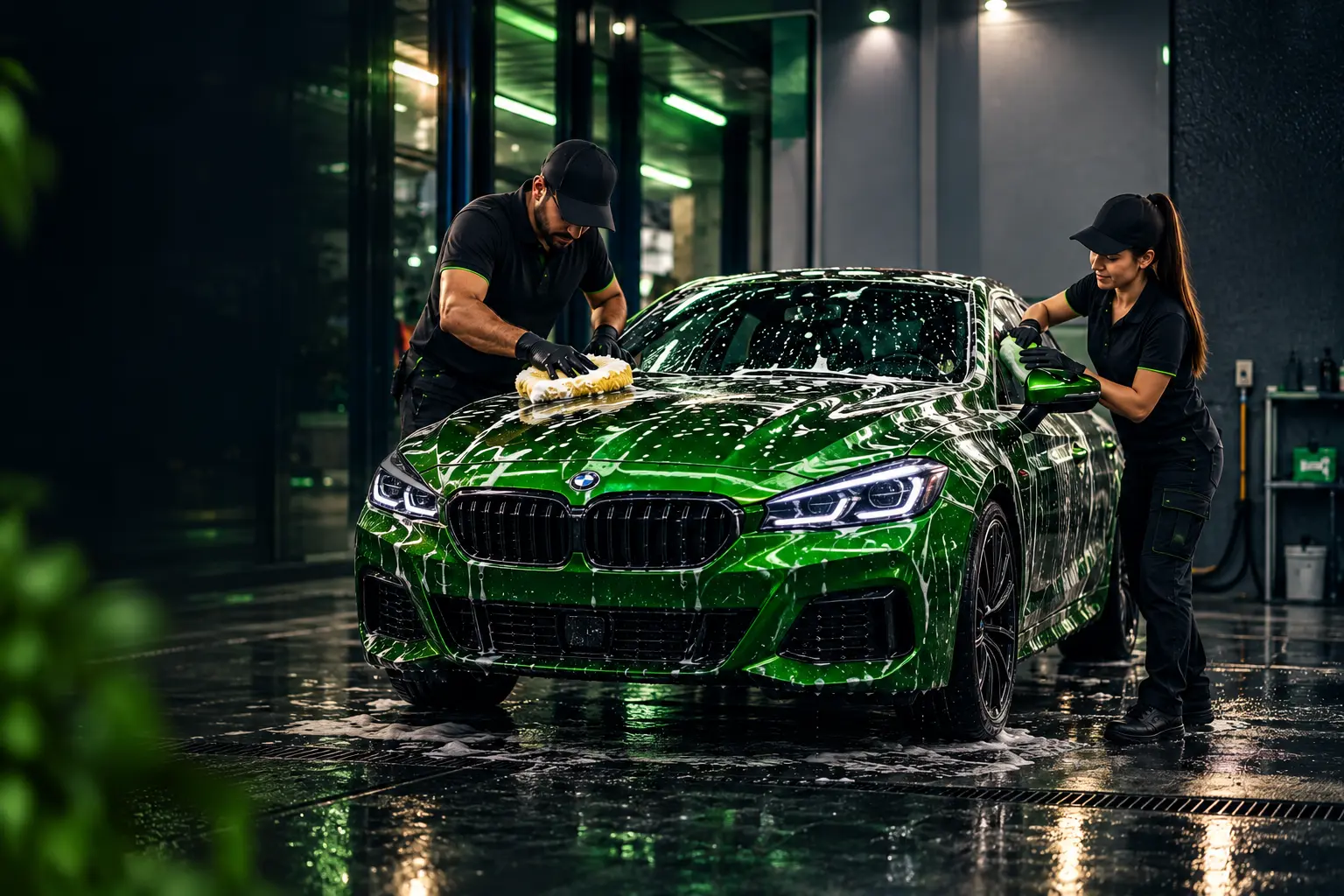 Equipe cuidando de um carro na Sinal Verde